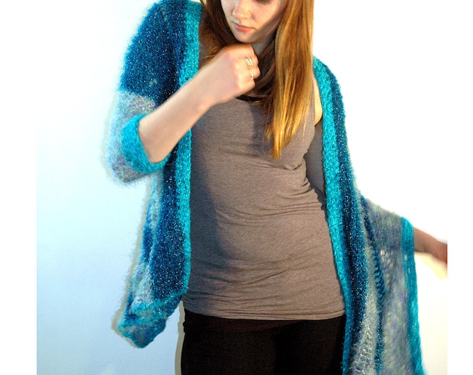 Fuzzy Soft Striped Blue and Teal  One Sleeved Shawl Sweater Wrap