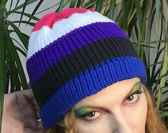 Gender Fluid Pride Beanie slouchy Hat Cat Kitten Striped Blue Black Purple and Pink  Hat Human Rights Parade Gay Lesbian Trans Queer LGBTQ