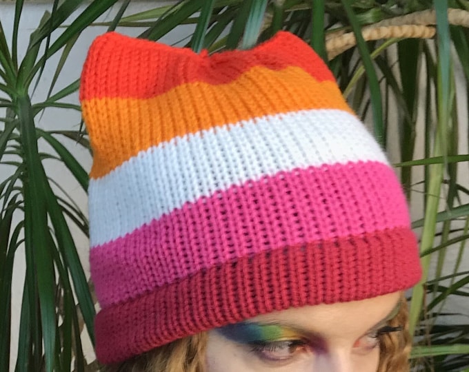 Sunset Lesbian Flag Pussy Hat!  LGBTQ Pride Slouchy Cap Cat Kitten Ear Hat Women's Rights March Pride Parade Gay Lesbian Trans Queer