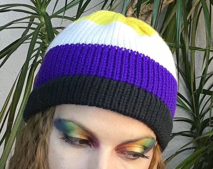 NonBinary Pride Beanie slouchy Hat Cat Kitten Striped  Black Purple white and yellow Hat Human Rights Parade Gay Lesbian Trans Queer LGBTQ