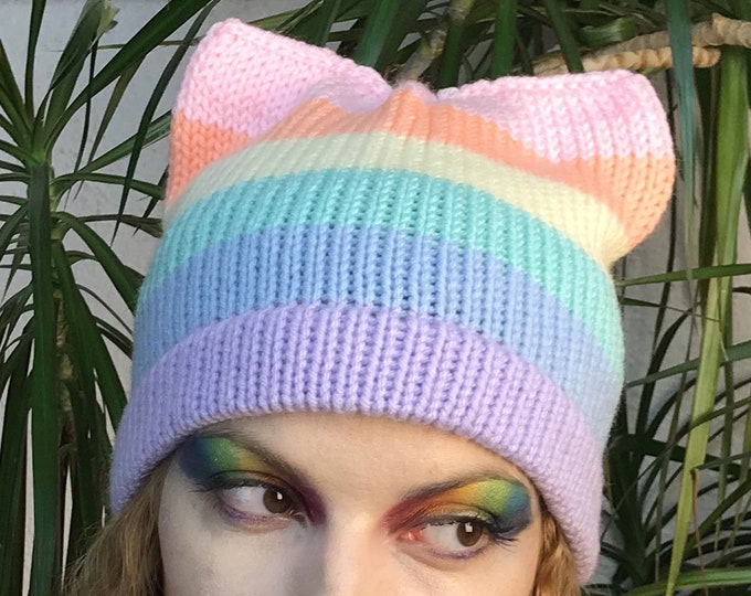 Pastel Rainbow Pussy Hat!  LGBTQ Pride Slouchy Cap Cat Kitten Ear Hat Women's Rights March Pride Parade Gay Lesbian Trans Queer