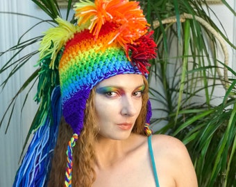 Rainbow Mohawk Hat Ear Flap  Extreme Long  Faux Hair Pride Stocking Stuffer Handmade gift winter for Men Women Boys & Girls Christmas