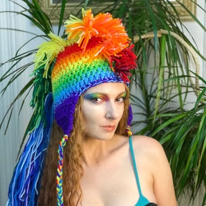 Rainbow Mohawk Hat Ear Flap  Extreme Long  Faux Hair Pride Stocking Stuffer Handmade gift winter for Men Women Boys & Girls Christmas