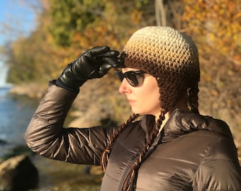 Handmade Crochet Ear Flap Hat: Earthy Brown Ombre Tassels