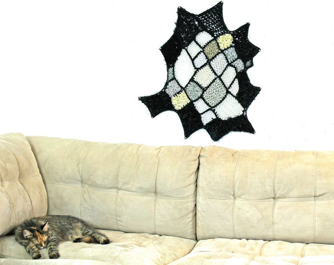 Black & White Ombre Patch Yarn Modern Fiber Art Asymmetrical Fuzzy Tapestry Circular Wall Hanging Handmade Interior Home Decor Crochet Knit