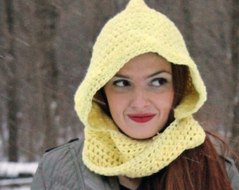 Hooded Scarf Yellow Mobius Scarf  Children's Hat Gift Under 30 Handmade ChristmasReady to ship