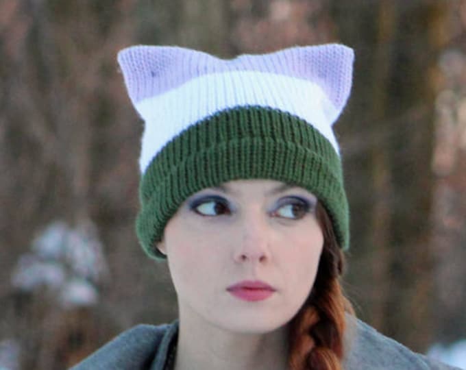 Gender Queer Pride Pussy Hat Cat Kitten Striped Green/ Chartreuse White and Purple Lavender Human Rights Parade Gay Lesbian Trans LGBTQ