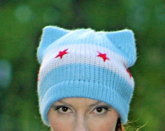 Chicago Flag Pussy Hat! Red Stars and Baby Blue and White Striped Kitten Ear Accessory Political Gift Protest Resist Trump Anti War March
