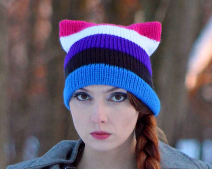 Gender Fluid Pride Pussy Hat Cat Kitten Striped Blue Black Purple and Pink  HatHuman Rights Parade Gay Lesbian Trans Queer LGBTQ