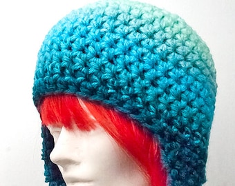 Teal and Blue Light to Dark Ombre Earflap Hat