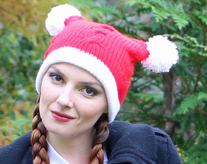 Pom Pom Christmas Hat Red and White  Pigtail Beanie Hat Cable Knit Handmade Gift Ready to ship Holiday Stocking Stuffer