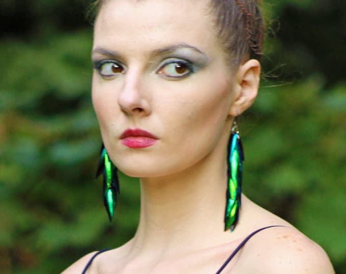 Green Beetle Wing Statement Earrings  Long Iridescent Unique Natural Insect Jewelry Festival Gear Boho Chic Bridal Trends Girlfriend Gift