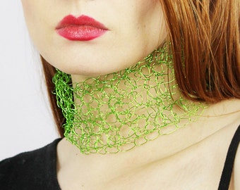 Green Necklace Crochet Wire Lace Choker  Boho Chic