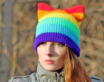 Rainbow Pussy Hat!  LGBTQ Pride Slouchy Cap Cat Kitten Ear Hat Women's Rights March on Washington Pride Parade Gay Lesbian Trans Queer