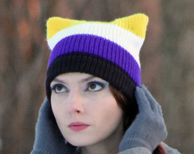 Pussy Hat Gender Non Binary Pride Cat Striped Black Purple White & Yellow Human Rights Parade Trans Queer LGBTQ Handmade Gift Ready to Ship