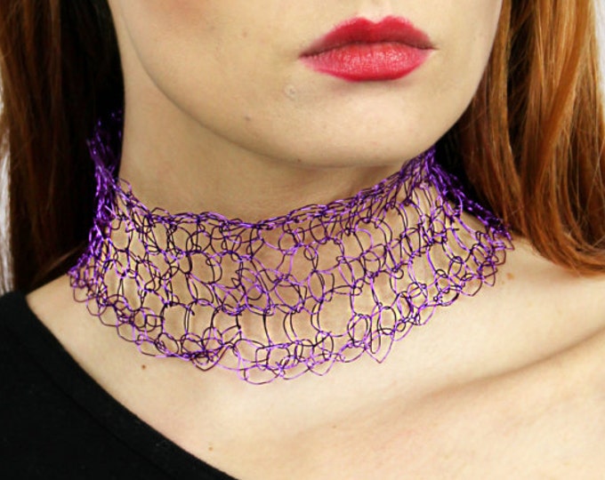 Purple Collar Choker Necklace of Crochet Wire