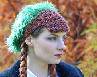 Slouch Tam Hat Brown and Green Fuzzy Soft  Billed Newsboy Beanie Girls Winter Hat Great Gift for Kids Children Accessories