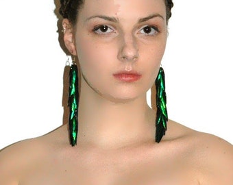 Green Beetle Wing Earrings Bridal or Prom Jewelry Super Long Dangle Accessory  Perfect Gift for Her Under 30