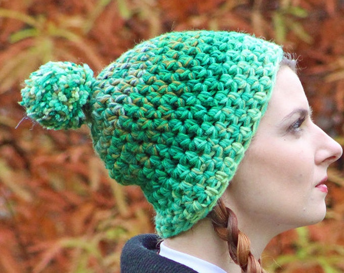 Green Ombre Elf Hat Pom Pom Beanie Hat Crochet Handmade Gift for Him or Her