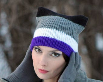 Asexual Pride Pussy Hat Cat Kitten Striped Purple White Grey and Black Hat Human Rights Parade Gay Lesbian Trans Queer LGBTQ