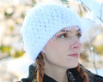 White Fuzzy Beanie Hat Ready to ship Stocking Stuffer Gift for Your Teenage Daughter