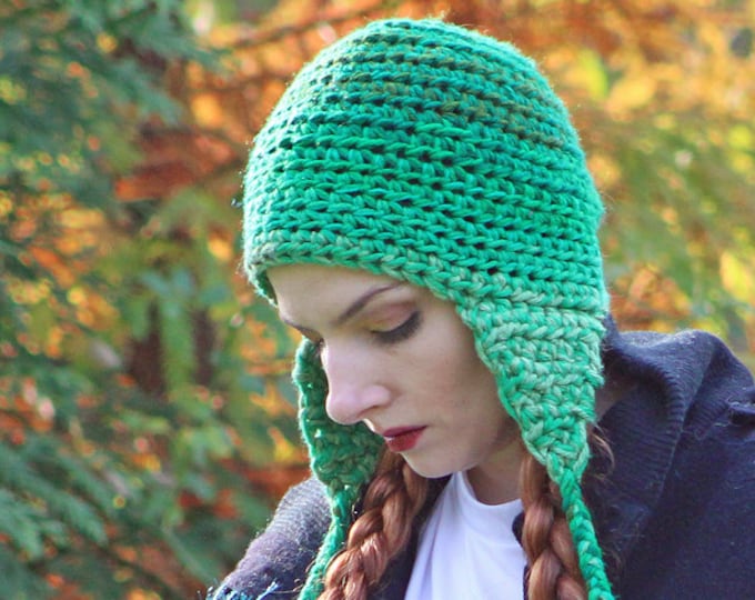 Green Ombre  EarFlap Hat Handmade One of a Kind Crochet Gift for Men Women or Teens