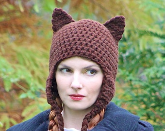 Crochet Kitten Ear Flap Hat: Handmade Brown Animal Beanie