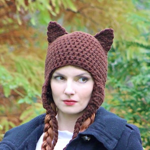 Crochet Kitten Ear Flap Hat: Handmade Brown Animal Beanie