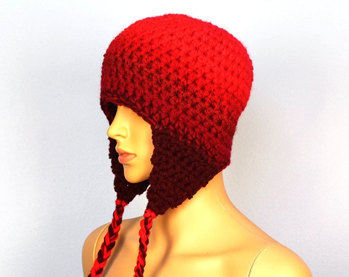 Red Ombre Fade Ear Flap Hat One of a kind Color Gradient Handmade Crochet Gift