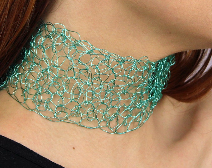 Teal Choker Necklace Crochet Metal Wire Lace  Boho Chic Elegant Accessory  Handmade Blue Jewelry