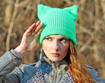 Green Knit Pussy Cat Hat: Climate March Kitten Beanie