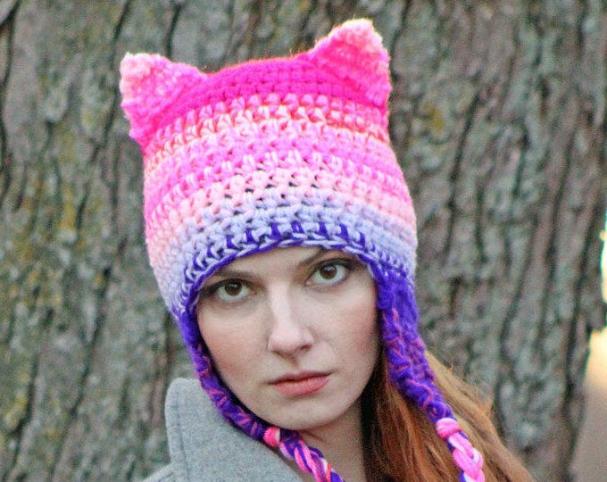 Pink and Purple Ombre Mix Pussy Cat Kitten Hat Hot Pink Fox Ear EarFlap Hat Support Women's March on Washington. Political Liberal Politics