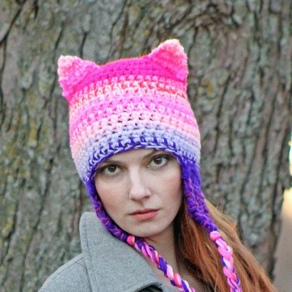 Pink and Purple Ombre Mix Pussy Cat Kitten Hat Hot Pink Fox Ear EarFlap Hat Support Women's March on Washington. Political Liberal Politics