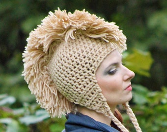 Tan Mohawk  Ear Flap Hat Unique Handmade Gift For Men or Women Boys or Girls