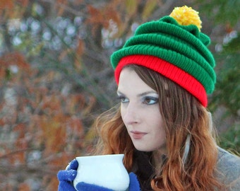 Fun Christmas Tree Hat Red and Green with Yellow Pom Pom  Beanie Hat  Knit Handmade  Christmas Gift for him or her or Kids