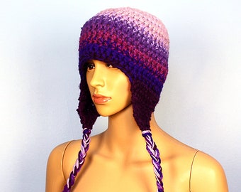 Purple Fade Ombre Ear Flap Hat Color Gradient One of a Kind Crochet Gift