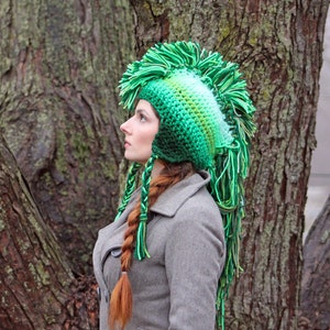 Green Mohawk Earflap Hat Ombre Tones Extreme Long Faux Hair Gradient Color Trapper Unisex Handmade Christmas Gift Statement Adult image 5