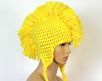 Handmade Yellow MoHawk EarFlap Hat Handmade Trapper Cap One of a kind Boyfriend Gift