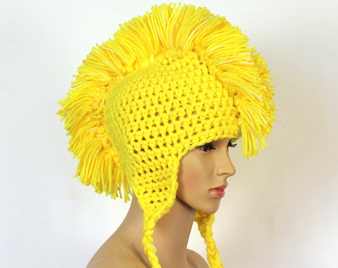 Handmade Yellow MoHawk EarFlap Hat Handmade Trapper Cap One of a kind Boyfriend Gift