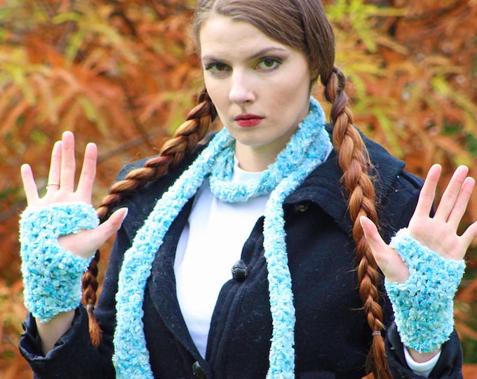 Light Blue Scarf and Fingerless Texting Gloves Set Long Soft Accesory  Gift for Girls, Teens or Women