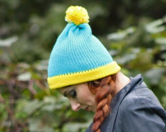 Cartman Hat Teal and Yellow Pom Pom ready to ship Cartoon Boyfriend Gift