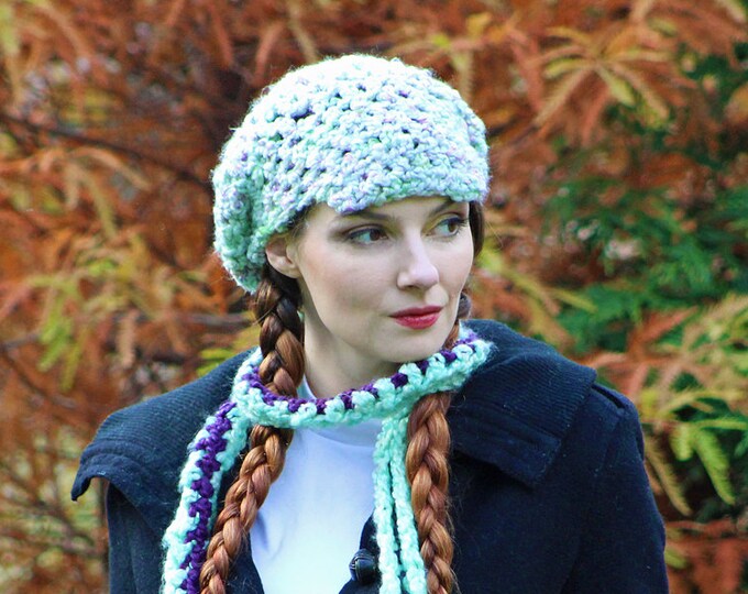 Beanie Hat and Scarf  Set Mint Green and Purple NewsboyFuzzy Soft Billed Rasta Tam Hat Long Soft Accesory  Gift for Girls, Teens or Women