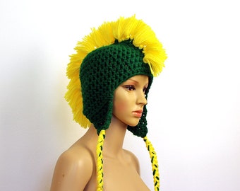 Green and  Gold Yellow Mohawk Earflap Hat Wisconsin Green bay Packers Colors Handmade Crochet Gift