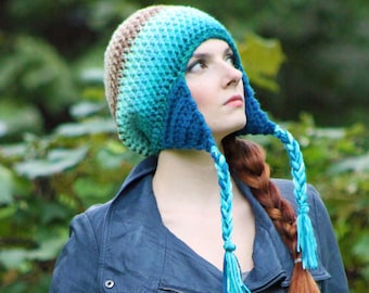 Mermaid Colors Hat Teal Blue Beige Tan Fade Ombre Ear Flap Hat Winter Slouchy Beanie Perfect Gift for Him Or Her