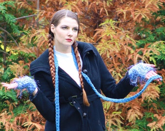 Fuzzy Blue Fingerless Gloves and Skinny Scarf  Set Long Soft Accesory  Gift for Girls, Teens or Women