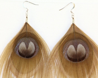 Tan Peacock Feather Earrings Handmade Organic Boho Chic Jewelry Natural Gift Ready to Ship