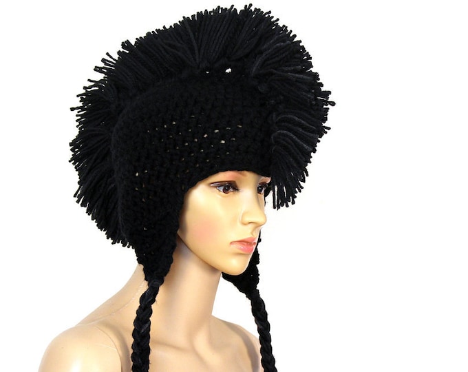 Black Mohawk Ear Flap Hat Handmade Accessory Crochet One of a Kind Gift