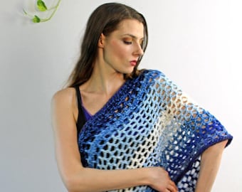 Striped Blue & White Ombre Shawl Loop Wrap Sweater One of a Kind Gift Her Spring Winter Fall Accessory Unique Handmade Crochet Scarf stole