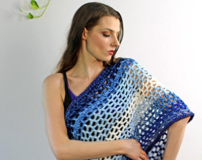 Striped Blue & White Ombre Shawl Loop Wrap Sweater One of a Kind Gift Her Spring Winter Fall Accessory Unique Handmade Crochet Scarf stole