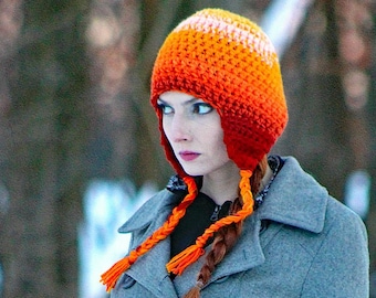 Orange Ombre Crochet Ear Flap Beanie: Winter Hat with Tassels